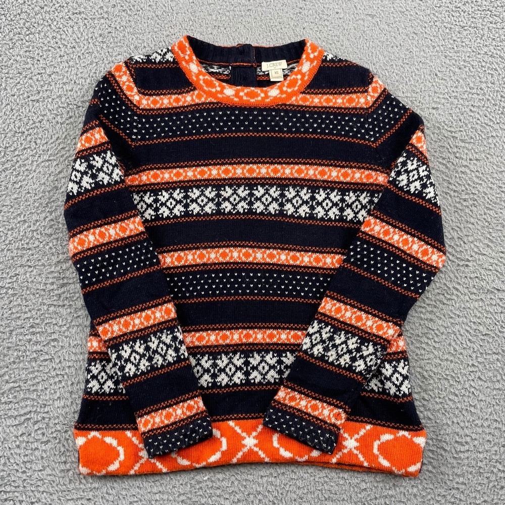 J.Crew Sweater Womens XS Navy Orange Fair Isle Merino Wool Blend